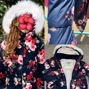 Fur hood floral puffer coat